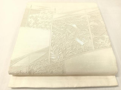 平和屋着物▼中国三大刺繍　スワトウ相良刺繍　総刺繍　太鼓柄袋帯　双鶴花文　生成り色　正絹　逸品　CABH4771vp