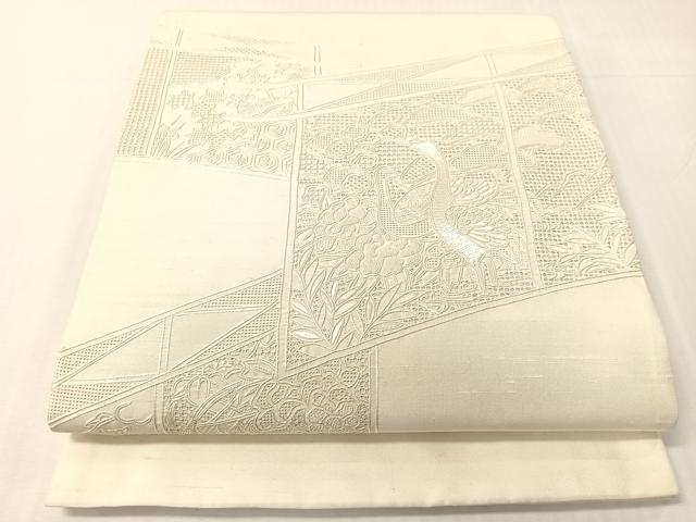 平和屋着物▼中国三大刺繍　スワトウ相良刺繍　総刺繍　太鼓柄袋帯　双鶴花文　生成り色　正絹　逸品　CABH4771vp
