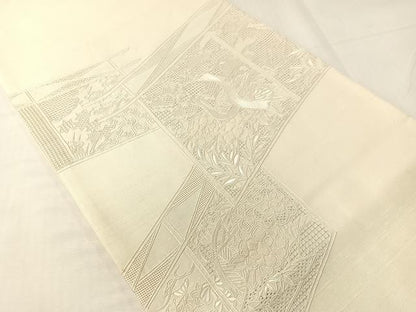 平和屋着物▼中国三大刺繍　スワトウ相良刺繍　総刺繍　太鼓柄袋帯　双鶴花文　生成り色　正絹　逸品　CABH4771vp