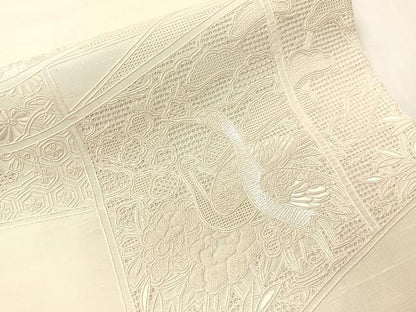 平和屋着物▼中国三大刺繍　スワトウ相良刺繍　総刺繍　太鼓柄袋帯　双鶴花文　生成り色　正絹　逸品　CABH4771vp