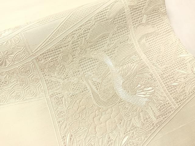 平和屋着物▼中国三大刺繍　スワトウ相良刺繍　総刺繍　太鼓柄袋帯　双鶴花文　生成り色　正絹　逸品　CABH4771vp
