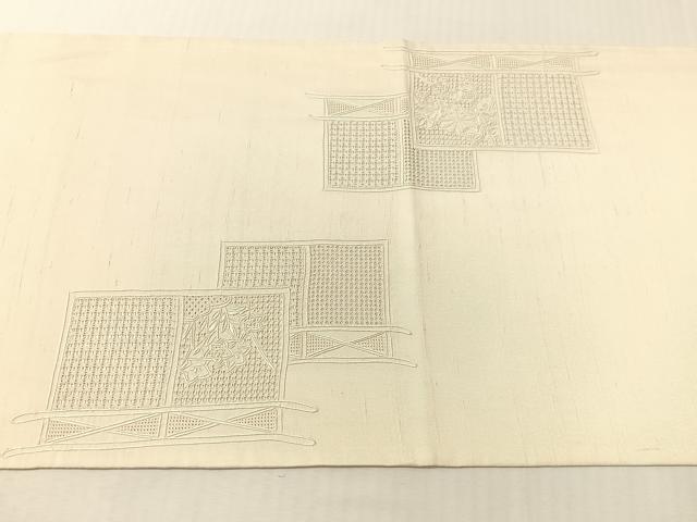 平和屋着物▼中国三大刺繍　スワトウ相良刺繍　総刺繍　太鼓柄袋帯　双鶴花文　生成り色　正絹　逸品　CABH4771vp