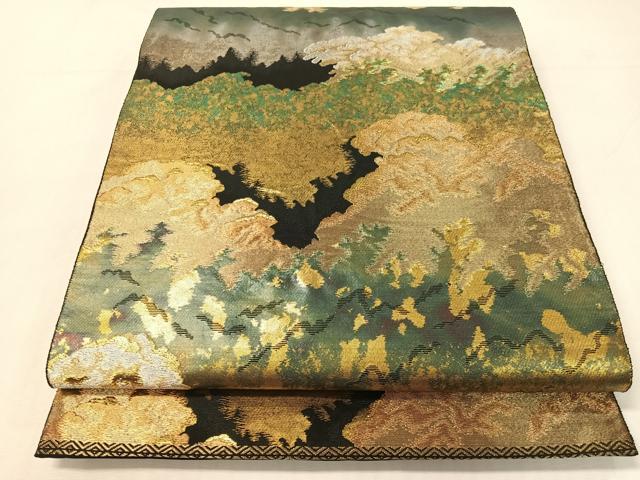 平和屋着物▼西陣　服部織物謹製　六通柄袋帯　こはく錦　積雲　黒地　金銀糸　引箔　正絹　逸品　CABH4781vp