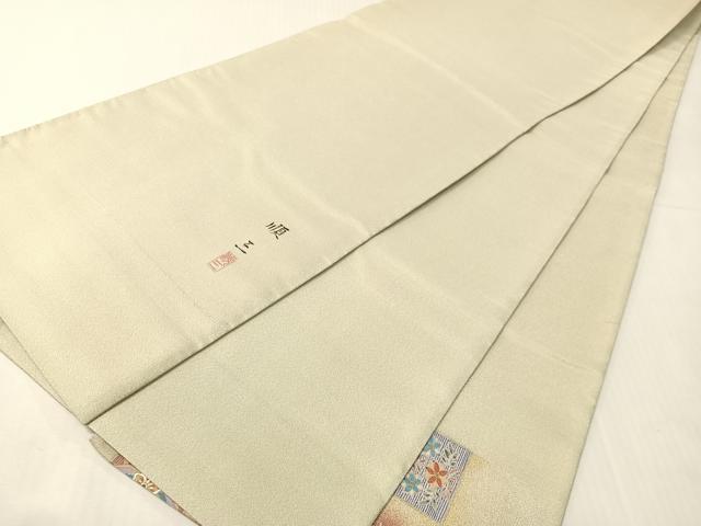 平和屋着物●金彩友禅作家　堤順三　太鼓柄袋帯　綴れ　美江藻染　市松花鳥文　プラチナ白金箔　正絹　逸品　未使用　CABH4789vp