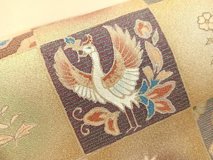 平和屋着物●金彩友禅作家　堤順三　太鼓柄袋帯　綴れ　美江藻染　市松花鳥文　プラチナ白金箔　正絹　逸品　未使用　CABH4789vp