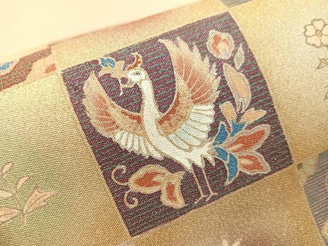平和屋着物●金彩友禅作家　堤順三　太鼓柄袋帯　綴れ　美江藻染　市松花鳥文　プラチナ白金箔　正絹　逸品　未使用　CABH4789vp