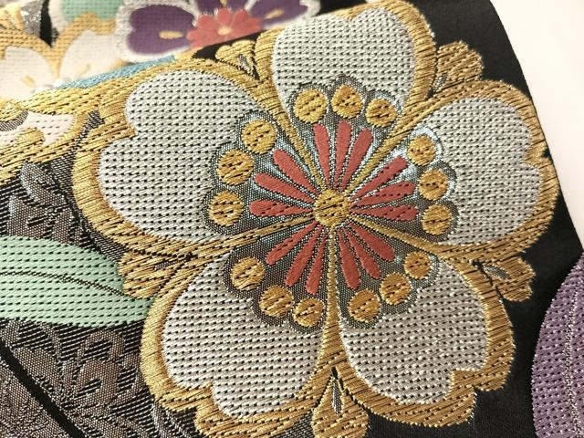 平和屋着物●六通柄袋帯　唐織　The Royal　舞花文　黒地　金銀糸　正絹　逸品　CABH4790vp