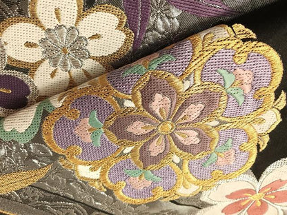 平和屋着物●六通柄袋帯　唐織　The Royal　舞花文　黒地　金銀糸　正絹　逸品　CABH4790vp