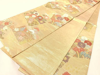 平和屋着物▼佐賀錦　六通柄袋帯　唐織　破れ色紙花文　金糸　正絹　逸品　CABH4793vp