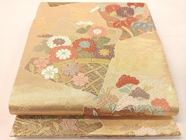 平和屋着物▼佐賀錦　六通柄袋帯　唐織　破れ色紙花文　金糸　正絹　逸品　CABH4793vp