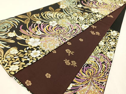 平和屋着物●両面　六通柄袋帯　唐織　乱菊　黒地　金糸　正絹　逸品　CABH4800vp