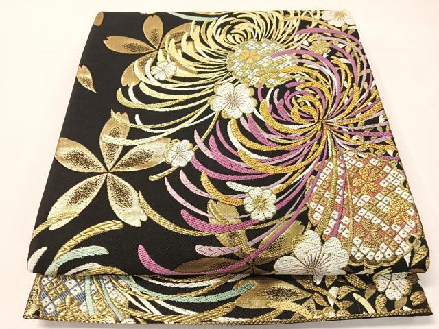 平和屋着物●両面　六通柄袋帯　唐織　乱菊　黒地　金糸　正絹　逸品　CABH4800vp