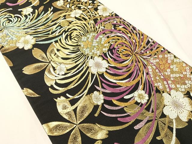 平和屋着物●両面　六通柄袋帯　唐織　乱菊　黒地　金糸　正絹　逸品　CABH4800vp