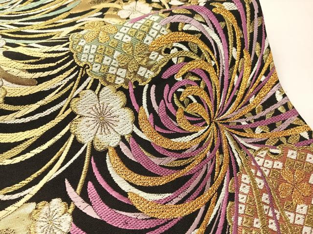 平和屋着物●両面　六通柄袋帯　唐織　乱菊　黒地　金糸　正絹　逸品　CABH4800vp