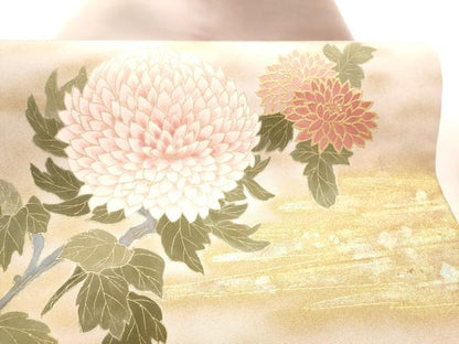 平和屋着物●塩瀬　九寸名古屋帯　枝菊文　金彩　正絹　逸品　CABH4803hy