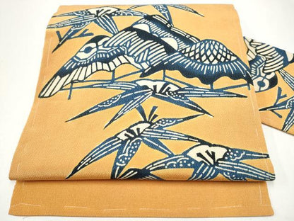 平和屋着物●九寸名古屋帯　藍　型染め　草花文　鬼しぼ縮緬　正絹　逸品　CABH4810hy