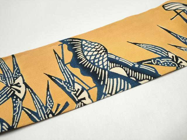 平和屋着物●九寸名古屋帯　藍　型染め　草花文　鬼しぼ縮緬　正絹　逸品　CABH4810hy