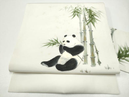 平和屋着物●塩瀬　九寸名古屋帯　手描き　パンダ　笹竹文　正絹　逸品　CABH4812hy