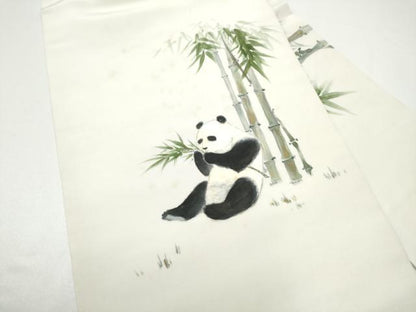 平和屋着物●塩瀬　九寸名古屋帯　手描き　パンダ　笹竹文　正絹　逸品　CABH4812hy