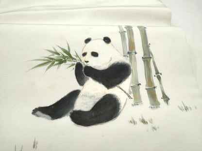 平和屋着物●塩瀬　九寸名古屋帯　手描き　パンダ　笹竹文　正絹　逸品　CABH4812hy