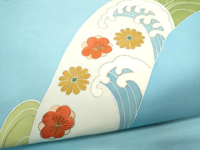 平和屋着物●塩瀬　九寸名古屋帯　刺繍　流水花文　金彩　正絹　逸品　CABH4813hy