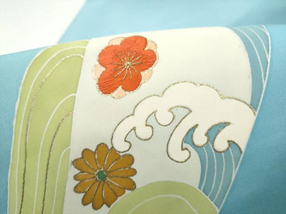 平和屋着物●塩瀬　九寸名古屋帯　刺繍　流水花文　金彩　正絹　逸品　CABH4813hy