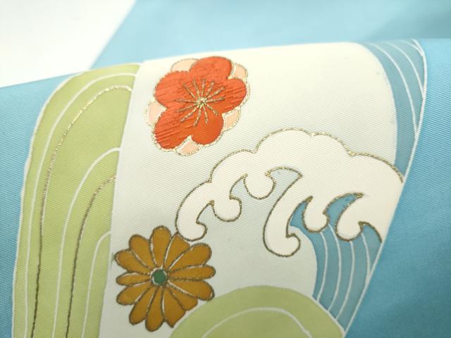 平和屋着物●塩瀬　九寸名古屋帯　刺繍　流水花文　金彩　正絹　逸品　CABH4813hy