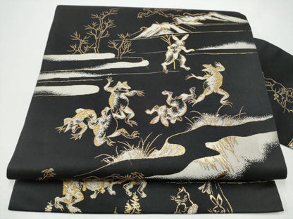平和屋着物●九寸名古屋帯　鳥獣戯画　黒地　金糸　正絹　逸品　CABH4817hy