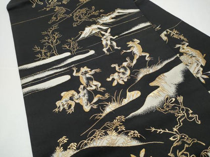 平和屋着物●九寸名古屋帯　鳥獣戯画　黒地　金糸　正絹　逸品　CABH4817hy