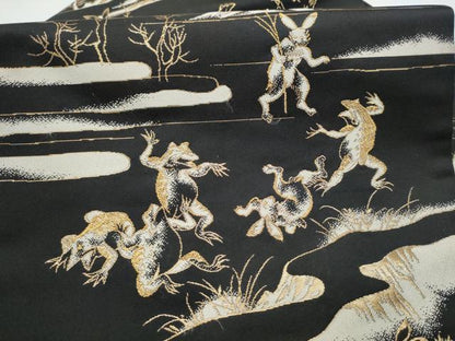 平和屋着物●九寸名古屋帯　鳥獣戯画　黒地　金糸　正絹　逸品　CABH4817hy