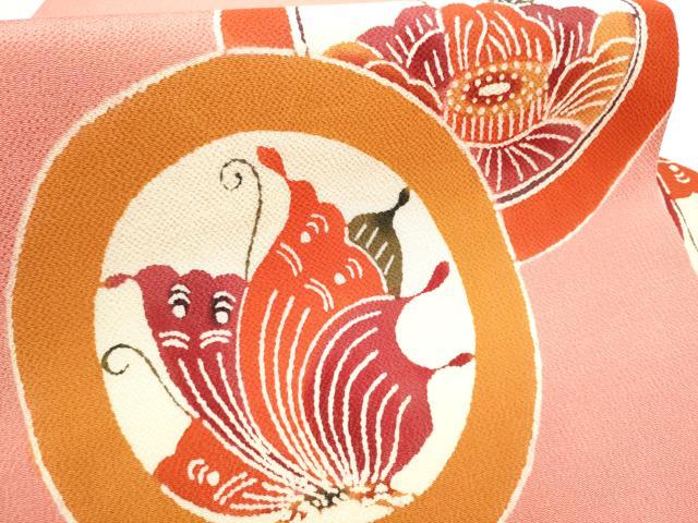 平和屋着物●九寸名古屋帯　型染め　花蝶丸文　鬼しぼ縮緬　正絹　逸品　CABH4821hy