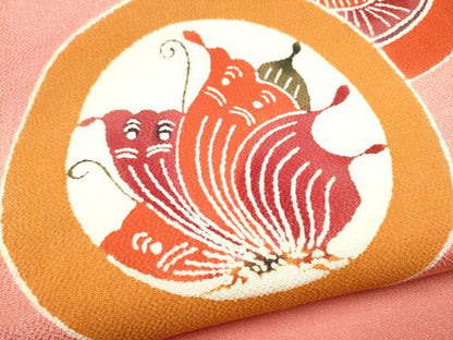 平和屋着物●九寸名古屋帯　型染め　花蝶丸文　鬼しぼ縮緬　正絹　逸品　CABH4821hy