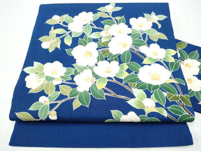 平和屋着物●九寸名古屋帯　友禅　枝椿　鬼しぼ縮緬　正絹　逸品　CABH4830hy