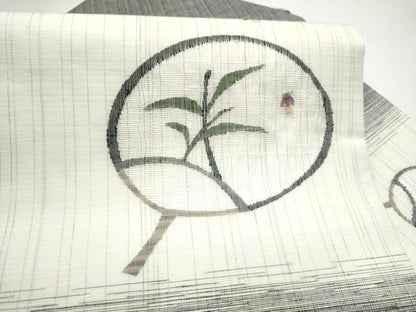 平和屋着物▽西陣　宮階織物　宮繍苑　里葉　九寸名古屋帯　スリーシーズン　春夏秋　紬地　櫛織　団扇　蛍　枝葉文　正絹　逸品　CABH4832hy
