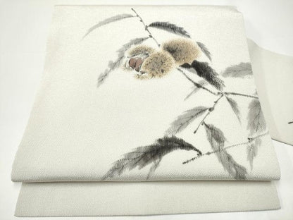 平和屋着物●日本画家　水嶋征夫　九寸名古屋帯　手描き　栗　鬼しぼ縮緬　正絹　逸品　CABH4835hy