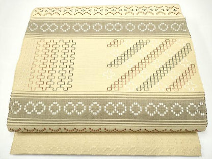 平和屋着物●八寸名古屋帯　花織　幾何学文様　正絹　逸品　CABH4840hy