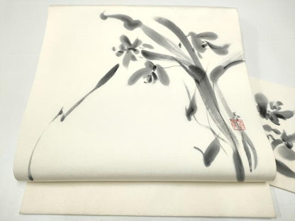 平和屋着物●塩瀬　九寸名古屋帯　作家物　手描き　草花文　正絹　逸品　CABH4841hy