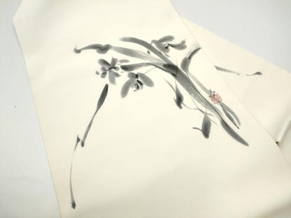 平和屋着物●塩瀬　九寸名古屋帯　作家物　手描き　草花文　正絹　逸品　CABH4841hy