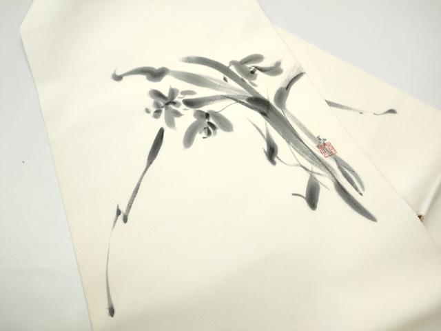 平和屋着物●塩瀬　九寸名古屋帯　作家物　手描き　草花文　正絹　逸品　CABH4841hy