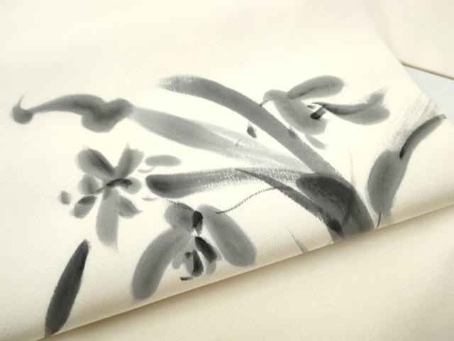 平和屋着物●塩瀬　九寸名古屋帯　作家物　手描き　草花文　正絹　逸品　CABH4841hy
