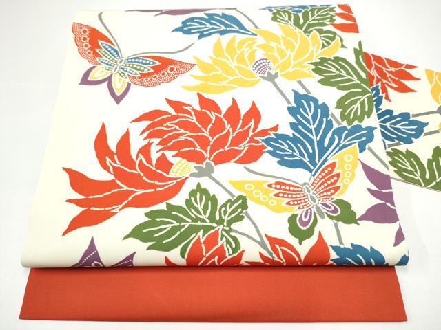 平和屋着物●塩瀬　全通柄　九寸名古屋帯　型染め　花蝶文　正絹　逸品　CABH4854hy