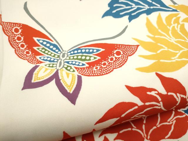 平和屋着物●塩瀬　全通柄　九寸名古屋帯　型染め　花蝶文　正絹　逸品　CABH4854hy