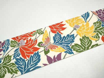 平和屋着物●塩瀬　全通柄　九寸名古屋帯　型染め　花蝶文　正絹　逸品　CABH4854hy
