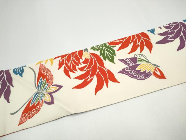 平和屋着物●塩瀬　全通柄　九寸名古屋帯　型染め　花蝶文　正絹　逸品　CABH4854hy