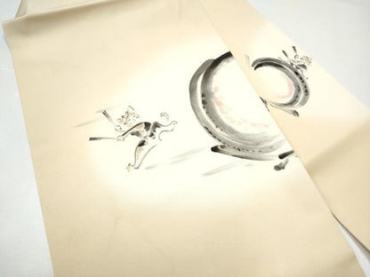 平和屋着物●塩瀬　九寸名古屋帯　手描き　猫　太鼓　正絹　逸品　CABH4855hy