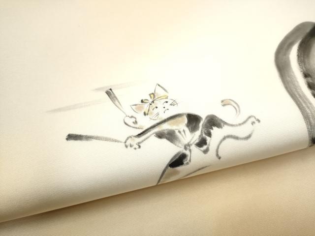 平和屋着物●塩瀬　九寸名古屋帯　手描き　猫　太鼓　正絹　逸品　CABH4855hy