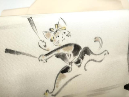 平和屋着物●塩瀬　九寸名古屋帯　手描き　猫　太鼓　正絹　逸品　CABH4855hy