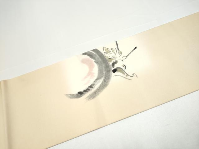 平和屋着物●塩瀬　九寸名古屋帯　手描き　猫　太鼓　正絹　逸品　CABH4855hy