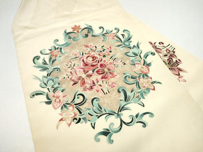 平和屋着物●塩瀬　九寸名古屋帯　刺繍　花唐草文　金彩　正絹　逸品　CABH4861hy