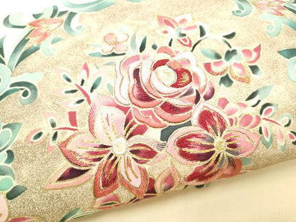 平和屋着物●塩瀬　九寸名古屋帯　刺繍　花唐草文　金彩　正絹　逸品　CABH4861hy